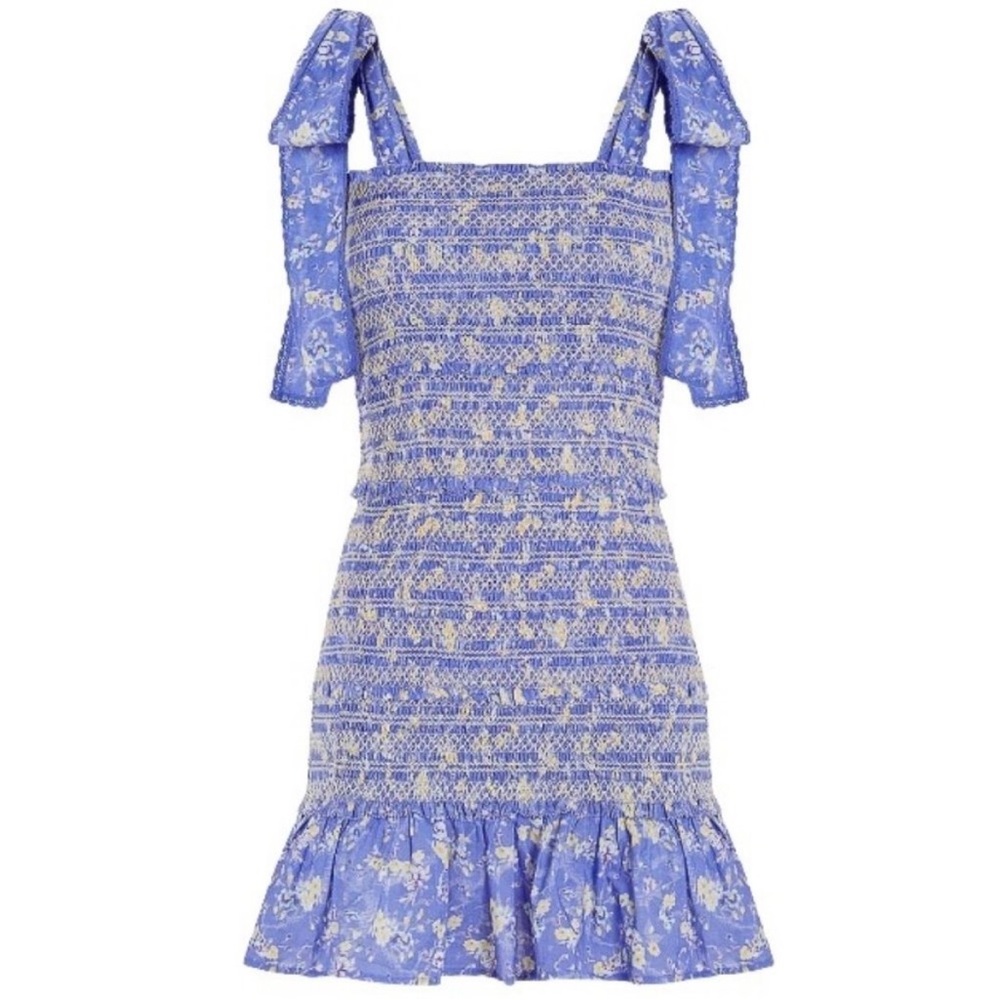 LoveShackFancy Belle Smocked Tie Straps Cotton Mini Dress Blue Jay Floral Print